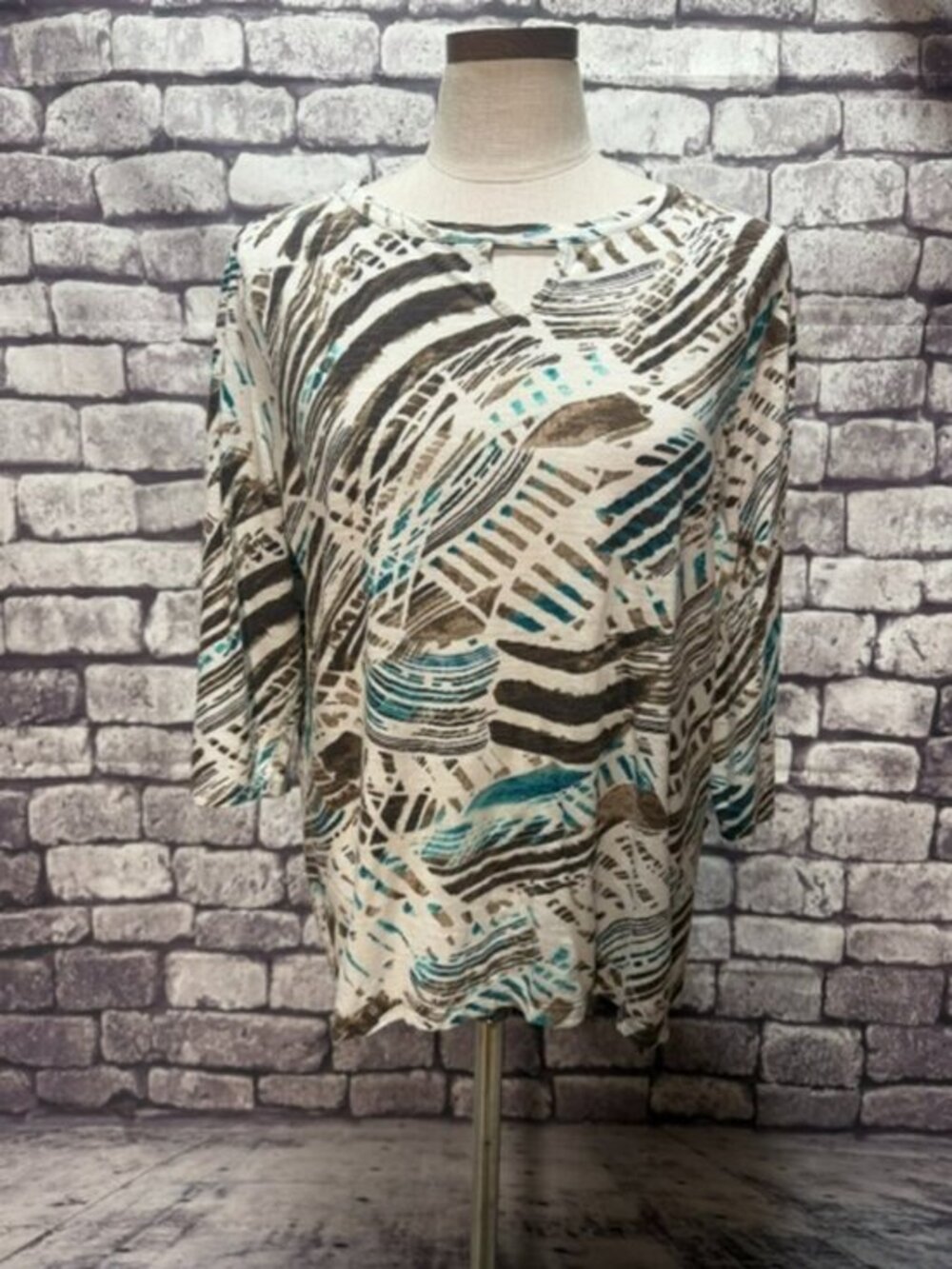 Chico's White, Brown & Teal 3/4 Sleeve Blouse Size L